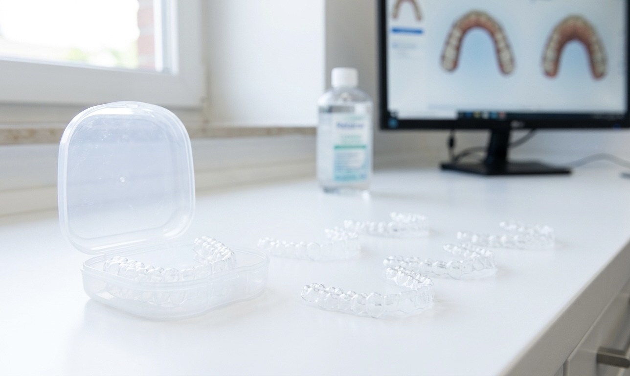 Clear orthodontic retainer close-up displayed in a clean dental setting